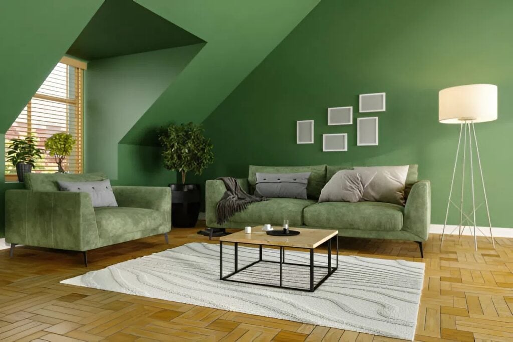 Elegant living room with deep green walls painted by a skilled house painter in Norwich, VT