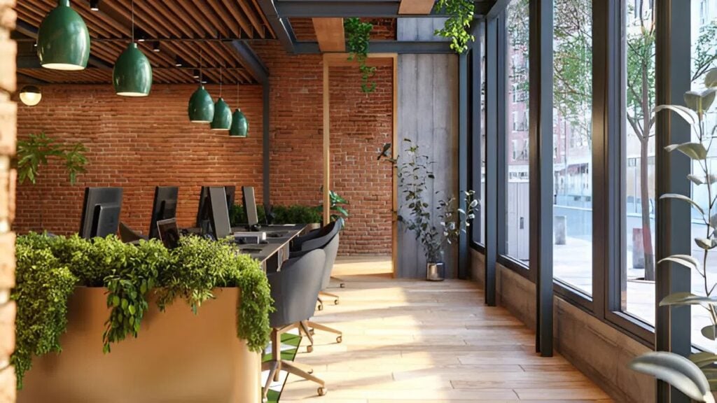 Modern office space featuring an exposed brick accent wall and lush greenery, styled with expert color choices by an interior painter in New London, NH