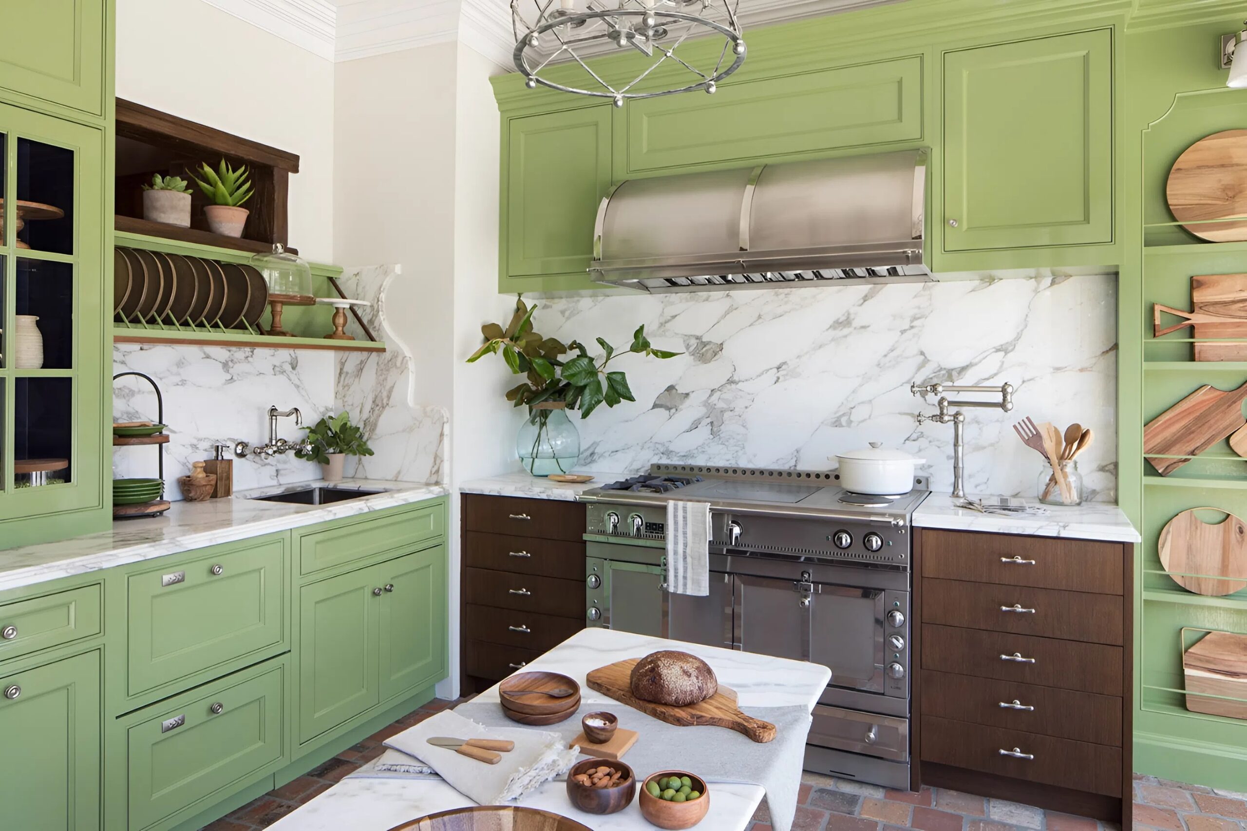 Green and brown kitchen cabinets refinished by a painting company in Hartland, VT