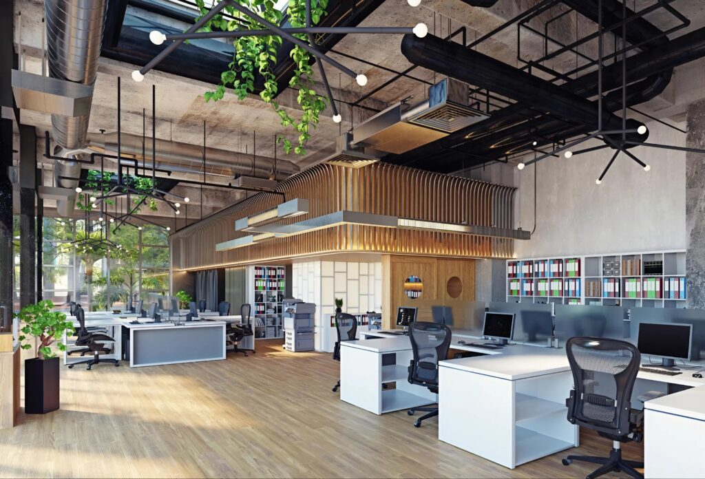 Modern commercial office interior with warm neutral wall tones and industrial finishes by a painting company in New London, NH