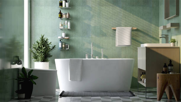 Soft sage green bathroom walls with modern fixtures painted by an interior painter in Grantham, NH