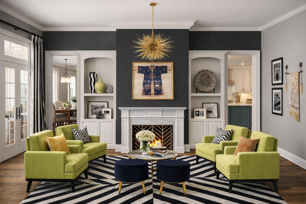 Dark charcoal living room walls with white trim and a satin paint finish by an interior painter in Norwich, VT